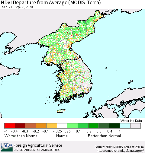 Korea NDVI Departure from Average (Terra-MODIS) Thematic Map For 9/21/2020 - 9/30/2020