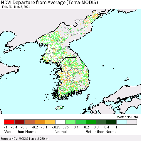 Korea NDVI Departure from Average (Terra-MODIS) Thematic Map For 2/26/2021 - 3/5/2021