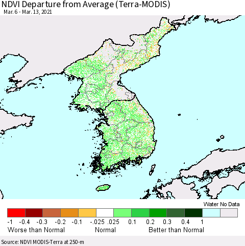 Korea NDVI Departure from Average (Terra-MODIS) Thematic Map For 3/6/2021 - 3/13/2021