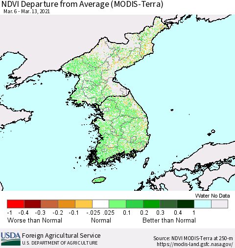 Korea NDVI Departure from Average (Terra-MODIS) Thematic Map For 3/11/2021 - 3/20/2021