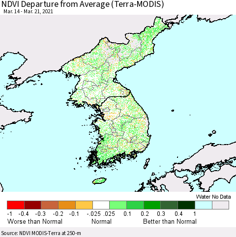 Korea NDVI Departure from Average (Terra-MODIS) Thematic Map For 3/14/2021 - 3/21/2021
