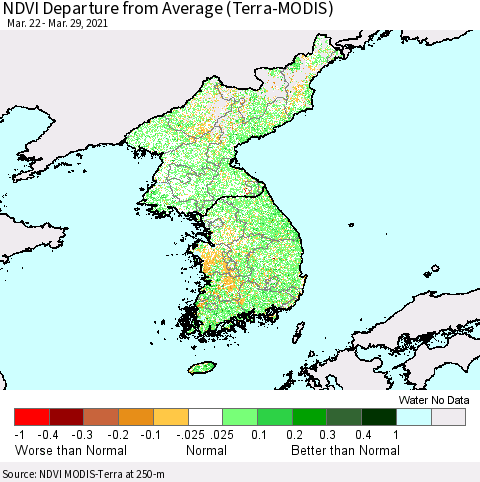 Korea NDVI Departure from Average (Terra-MODIS) Thematic Map For 3/22/2021 - 3/29/2021