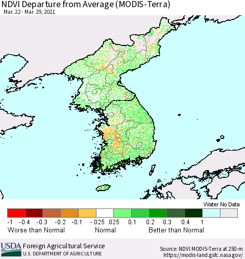 Korea NDVI Departure from Average (Terra-MODIS) Thematic Map For 3/21/2021 - 3/31/2021