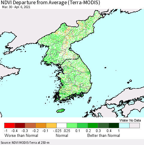 Korea NDVI Departure from Average (Terra-MODIS) Thematic Map For 3/30/2021 - 4/6/2021