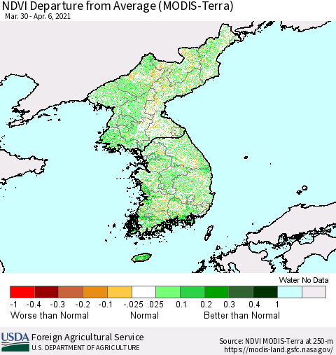 Korea NDVI Departure from Average (Terra-MODIS) Thematic Map For 4/1/2021 - 4/10/2021