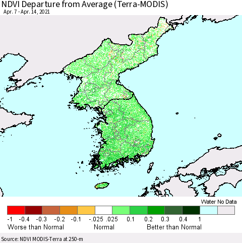 Korea NDVI Departure from Average (Terra-MODIS) Thematic Map For 4/7/2021 - 4/14/2021