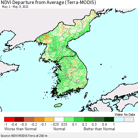 Korea NDVI Departure from Average (Terra-MODIS) Thematic Map For 5/1/2021 - 5/8/2021