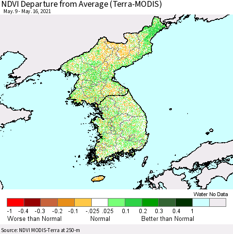 Korea NDVI Departure from Average (Terra-MODIS) Thematic Map For 5/9/2021 - 5/16/2021