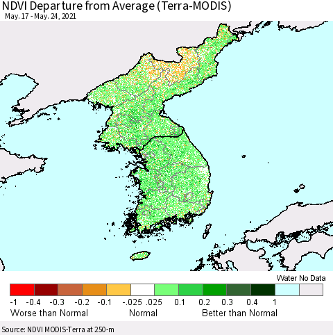 Korea NDVI Departure from Average (Terra-MODIS) Thematic Map For 5/17/2021 - 5/24/2021