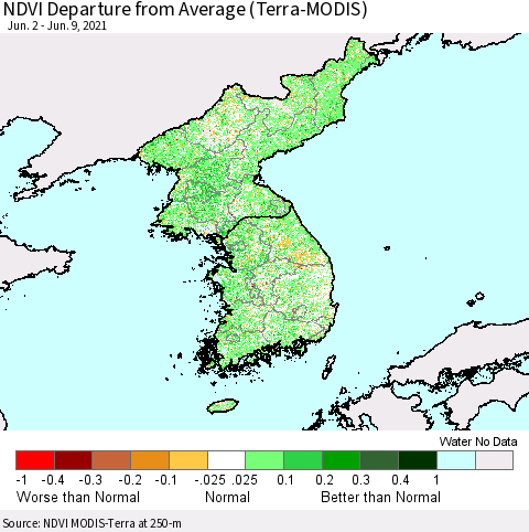 Korea NDVI Departure from Average (Terra-MODIS) Thematic Map For 6/2/2021 - 6/9/2021
