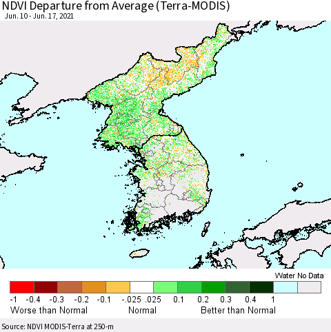 Korea NDVI Departure from Average (Terra-MODIS) Thematic Map For 6/10/2021 - 6/17/2021