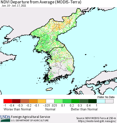Korea NDVI Departure from Average (Terra-MODIS) Thematic Map For 6/11/2021 - 6/20/2021