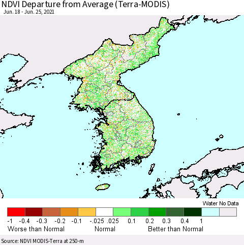 Korea NDVI Departure from Average (Terra-MODIS) Thematic Map For 6/18/2021 - 6/25/2021