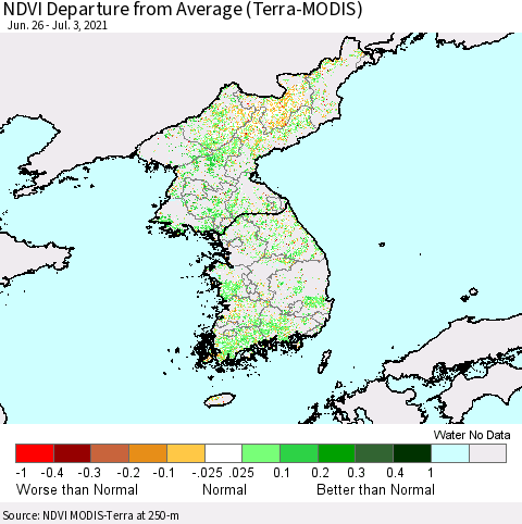 Korea NDVI Departure from Average (Terra-MODIS) Thematic Map For 6/26/2021 - 7/3/2021