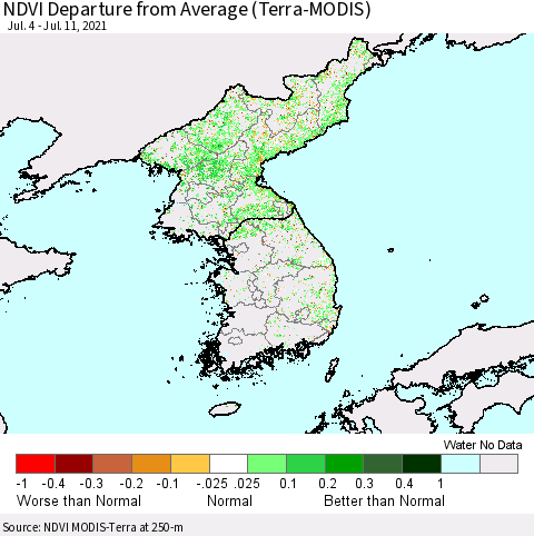 Korea NDVI Departure from Average (Terra-MODIS) Thematic Map For 7/4/2021 - 7/11/2021