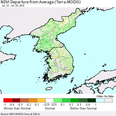 Korea NDVI Departure from Average (Terra-MODIS) Thematic Map For 7/12/2021 - 7/19/2021