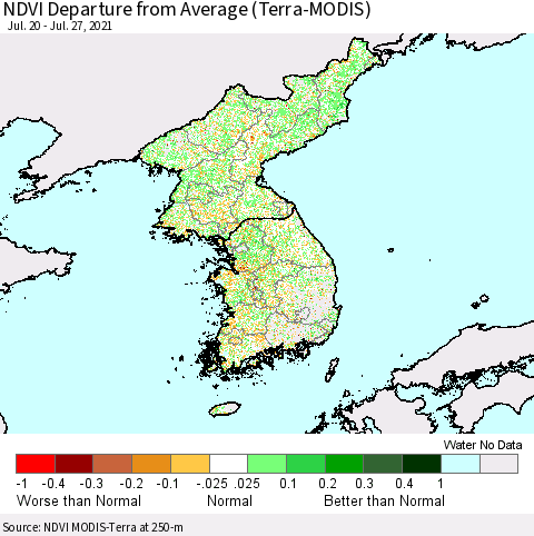 Korea NDVI Departure from Average (Terra-MODIS) Thematic Map For 7/20/2021 - 7/27/2021