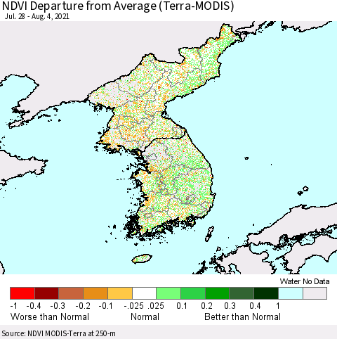 Korea NDVI Departure from Average (Terra-MODIS) Thematic Map For 7/28/2021 - 8/4/2021