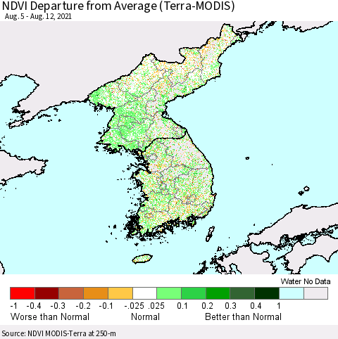 Korea NDVI Departure from Average (Terra-MODIS) Thematic Map For 8/5/2021 - 8/12/2021