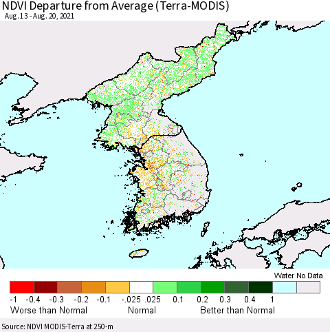 Korea NDVI Departure from Average (Terra-MODIS) Thematic Map For 8/13/2021 - 8/20/2021
