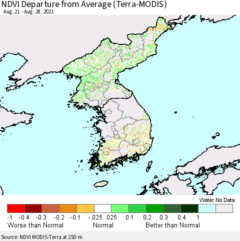 Korea NDVI Departure from Average (Terra-MODIS) Thematic Map For 8/21/2021 - 8/28/2021