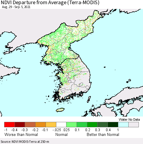 Korea NDVI Departure from Average (Terra-MODIS) Thematic Map For 8/29/2021 - 9/5/2021