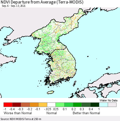Korea NDVI Departure from Average (Terra-MODIS) Thematic Map For 9/6/2021 - 9/13/2021