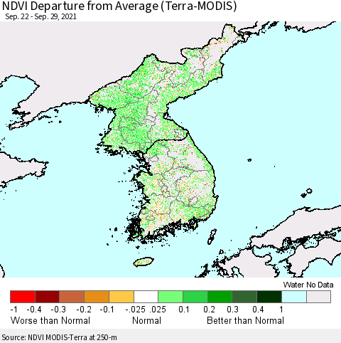Korea NDVI Departure from Average (Terra-MODIS) Thematic Map For 9/22/2021 - 9/29/2021