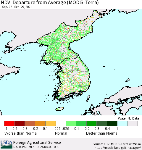 Korea NDVI Departure from Average (Terra-MODIS) Thematic Map For 9/21/2021 - 9/30/2021