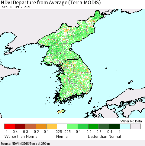 Korea NDVI Departure from Average (Terra-MODIS) Thematic Map For 9/30/2021 - 10/7/2021