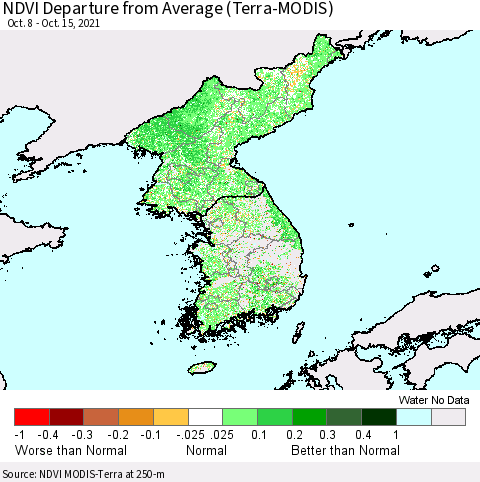 Korea NDVI Departure from Average (Terra-MODIS) Thematic Map For 10/8/2021 - 10/15/2021