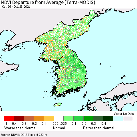 Korea NDVI Departure from Average (Terra-MODIS) Thematic Map For 10/16/2021 - 10/23/2021