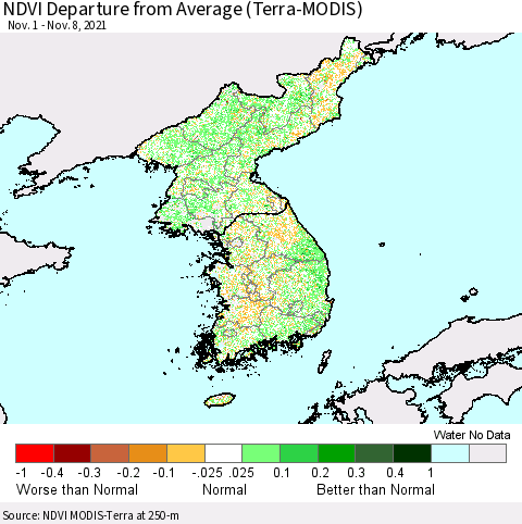 Korea NDVI Departure from Average (Terra-MODIS) Thematic Map For 11/1/2021 - 11/8/2021