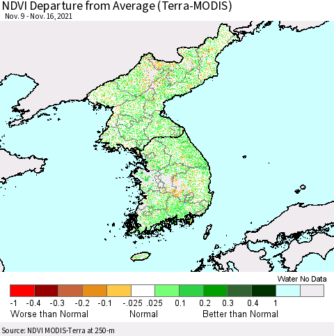 Korea NDVI Departure from Average (Terra-MODIS) Thematic Map For 11/9/2021 - 11/16/2021