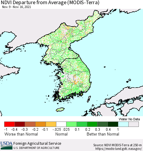 Korea NDVI Departure from Average (Terra-MODIS) Thematic Map For 11/11/2021 - 11/20/2021