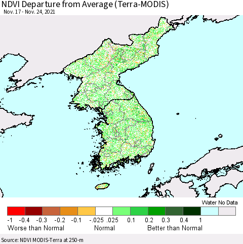 Korea NDVI Departure from Average (Terra-MODIS) Thematic Map For 11/17/2021 - 11/24/2021