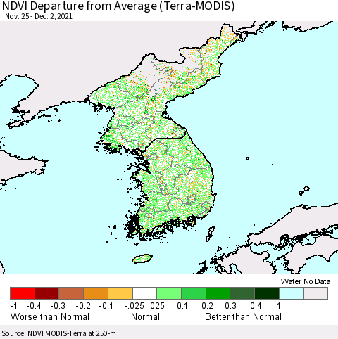 Korea NDVI Departure from Average (Terra-MODIS) Thematic Map For 11/25/2021 - 12/2/2021