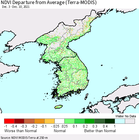 Korea NDVI Departure from Average (Terra-MODIS) Thematic Map For 12/1/2021 - 12/10/2021