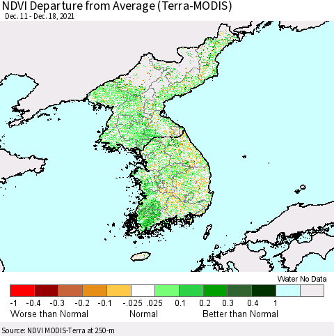 Korea NDVI Departure from Average (Terra-MODIS) Thematic Map For 12/11/2021 - 12/18/2021