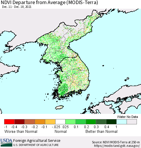 Korea NDVI Departure from Average (Terra-MODIS) Thematic Map For 12/11/2021 - 12/20/2021