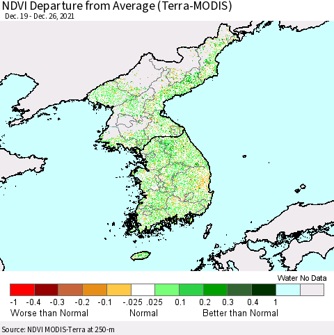 Korea NDVI Departure from Average (Terra-MODIS) Thematic Map For 12/19/2021 - 12/26/2021
