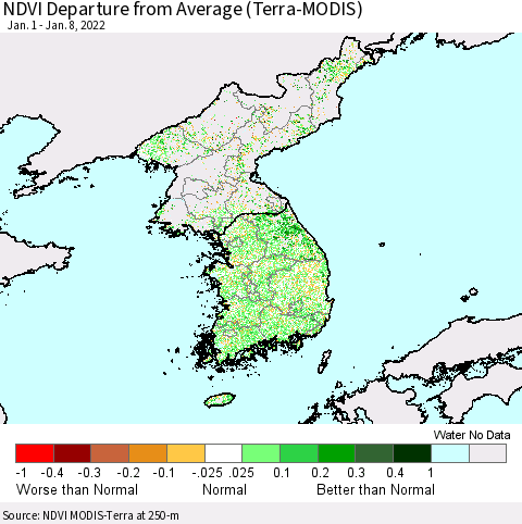 Korea NDVI Departure from Average (Terra-MODIS) Thematic Map For 1/1/2022 - 1/8/2022