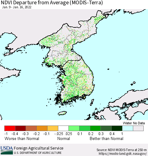 Korea NDVI Departure from Average (Terra-MODIS) Thematic Map For 1/11/2022 - 1/20/2022