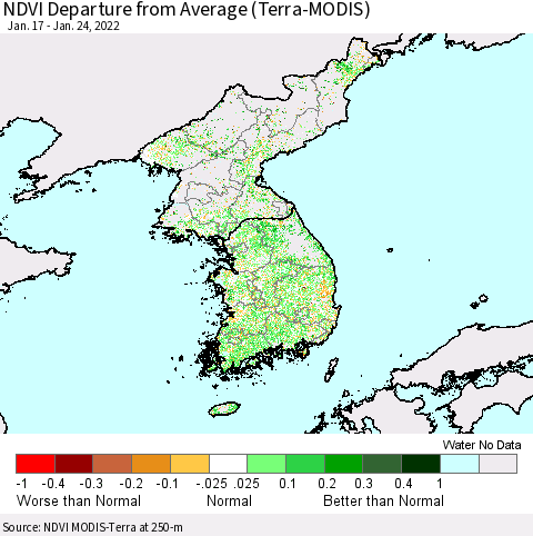 Korea NDVI Departure from Average (Terra-MODIS) Thematic Map For 1/17/2022 - 1/24/2022