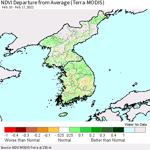 Korea NDVI Departure from Average (Terra-MODIS) Thematic Map For 2/10/2022 - 2/17/2022