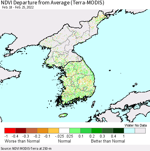 Korea NDVI Departure from Average (Terra-MODIS) Thematic Map For 2/18/2022 - 2/25/2022