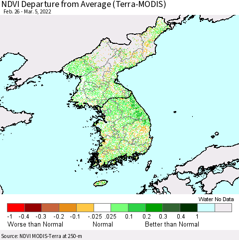 Korea NDVI Departure from Average (Terra-MODIS) Thematic Map For 2/26/2022 - 3/5/2022
