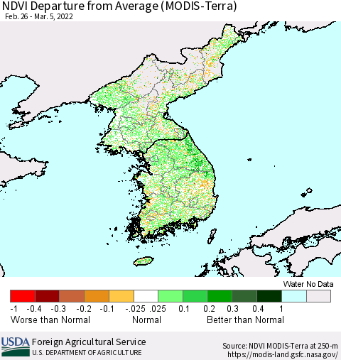 Korea NDVI Departure from Average (Terra-MODIS) Thematic Map For 3/1/2022 - 3/10/2022