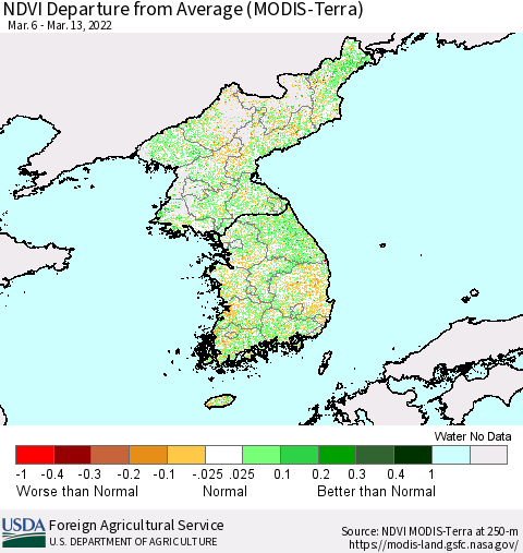 Korea NDVI Departure from Average (Terra-MODIS) Thematic Map For 3/11/2022 - 3/20/2022
