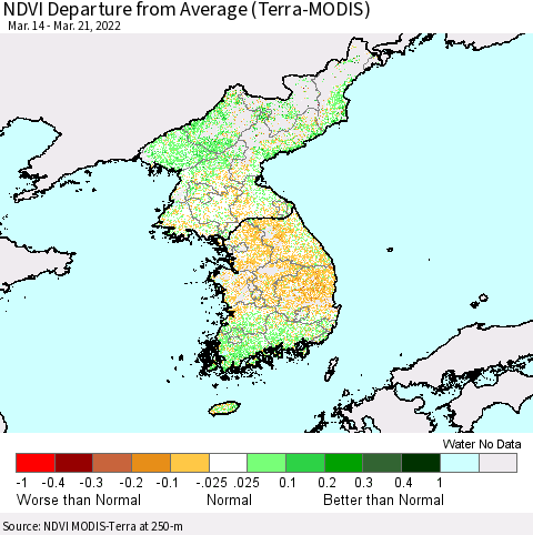 Korea NDVI Departure from Average (Terra-MODIS) Thematic Map For 3/14/2022 - 3/21/2022